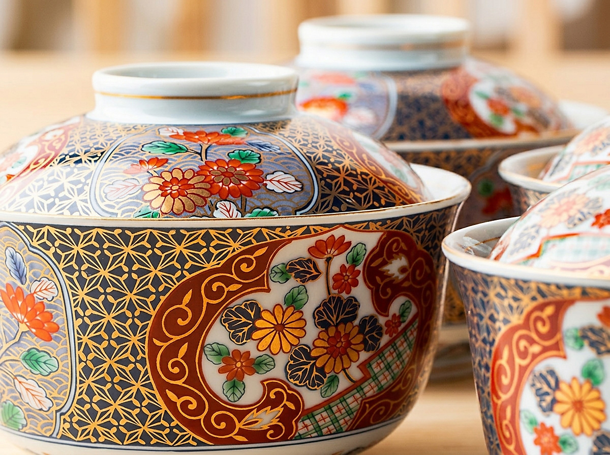 zestaw misek z pokrywkami imari — kozan kiln, era showa